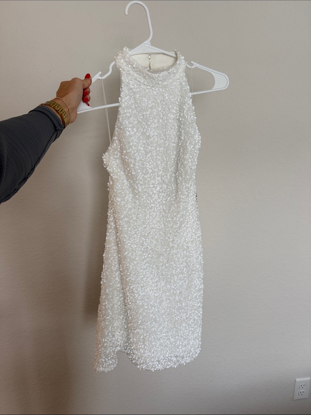 Beaded White Halter Mini Dress